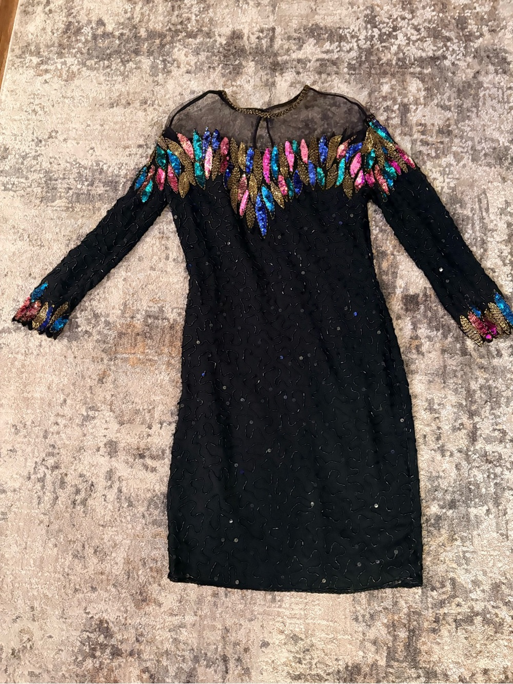 Black Beaded Sheer Yoke Dress with Multicolor Sequin Accents